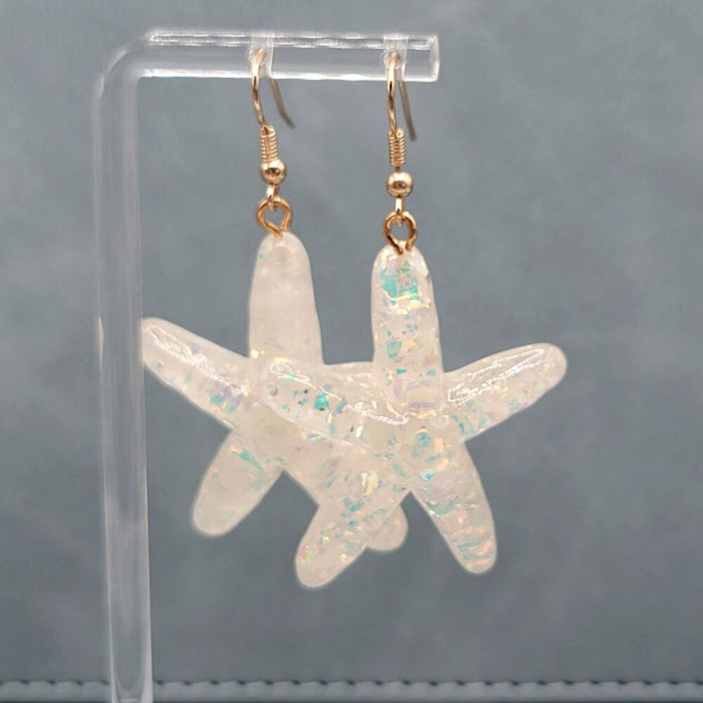 White Iridescent flake Starfish earrings - Picture 2 of 4